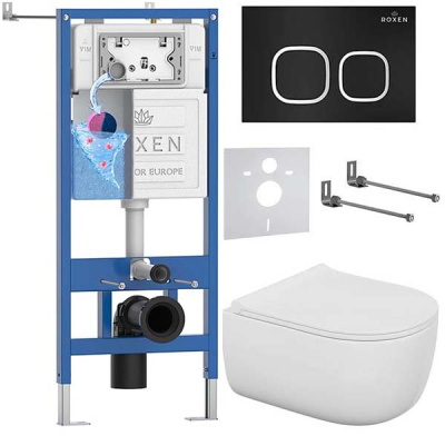 Комплект инсталляции Roxen StounFix Dual Fresh с удлиненными креплениями, аромадозатором, кнопкой смыва Santi 410280 и унитазом Bocchi V-Tondo Compacto Rimless
