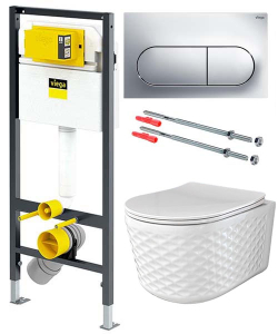 Комплект инсталляции Viega Prevista Dry WC 771973 с кнопкой Visign for Life 6 773748 и унитазом Roxen Vine Tornado 530225-01 Rimless Soft Close