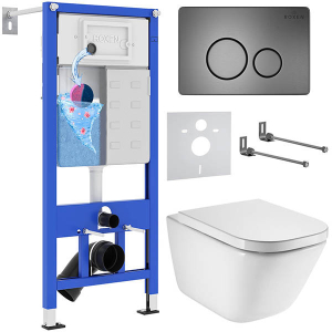 Комплект инсталляции Roxen StounFix Dual Fresh с удлиненными креплениями, аромадозатором, металлической кнопкой Steel 420260G и унитазом Roca The Gap Clean Rim