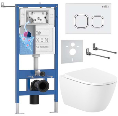 Комплект инсталляции Roxen StounFix Dual Fresh с удлиненными креплениями, аромадозатором, кнопкой Santi 410280 и унитазом Roca Ona Rimless с крышкой Supralit Soft Close