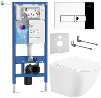 Комплект инсталляции Roxen StounFix Dual Fresh с удлиненными креплениями, аромадозатором, кнопкой Caspia 410280 и унитазом Taliente Amato AM25010