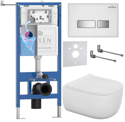 Комплект инсталляции Roxen StounFix Dual Fresh с удлиненными креплениями, аромадозатором, кнопкой смыва Glass 430280 и унитазом Bocchi V-Tondo Compacto Rimless