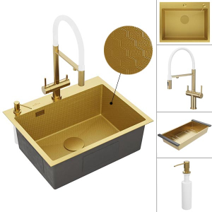 Кухонная мойка Roxen Snake 60 PVD (gold, износостойкое покрытие) с коландером, дозатором и смесителем Rose R458G