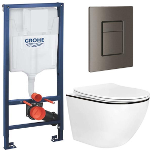 Комплект инсталляции Grohe Rapid SL 38772001 с брашированной кнопкой и подвесным унитазом Roxen Antares Black 530110-01B