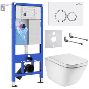 Комплект инсталляции Roxen StounFix Dual Fresh с удлиненными креплениями, аромадозатором, кнопкой Santi 410260 и унитазом Roca The Gap Clean Rim