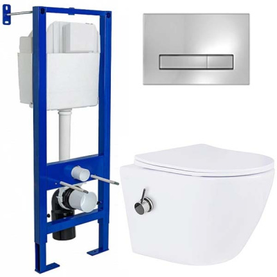 Комплект инсталляции Berges Аtom Line 410 c кнопкой и унитазом Roxen Antares Bidet 530185-01X с функцией биде