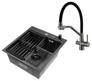 Кухонная мойка Arfeka Eco AR 45 Black со смесителем Japeto, коландером и дозатором
