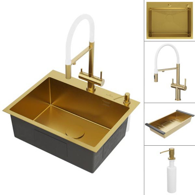 Кухонная мойка Roxen Simple 560220-60G PVD (gold) с коландером, дозатором и смесителем Rose R458G