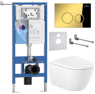 Комплект инсталляции Roxen StounFix Dual Fresh с удлиненными креплениями, кнопкой смыва в цвете золото и унитазом Roca Ona Rimless с крышкой Supralit Soft Close
