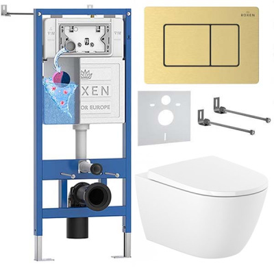 Комплект инсталляции Roxen StounFix Dual Fresh с креплениями, металлической кнопкой и унитазом Roca Ona Rimless с крышкой Supralit Soft Close