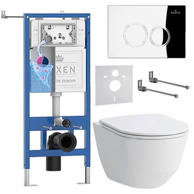 Комплект инсталляции Roxen StounFix Dual Fresh с удлиненными креплениями, аромадозатором, кнопкой смыва Santi 410260 и унитазом Laufen Pro Rimless