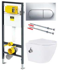 Комплект инсталляции Viega Prevista Dry WC 771973 с кнопкой Visign for Life 6 773748 и унитазом Roxen Antares Bidet 530185-01X Rimless Soft Close с функцией биде