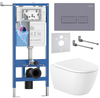 Комплект инсталляции Roxen StounFix Dual Fresh с удлиненными креплениями, аромадозатором, кнопкой и унитазом Roca Ona Rimless с крышкой Supralit Soft Close