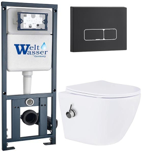 Комплект инсталляции Weltwasser Marberg 410 с кнопкой и подвесным унитазом Roxen Antares Bidet 530185-01X с функцией биде