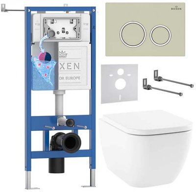 Комплект инсталляции Roxen StounFix Dual Fresh с удлиненными креплениями, аромадозатором, бежевой кнопкой смыва и унитазом Lavinia Boho One Rimless 3302004R