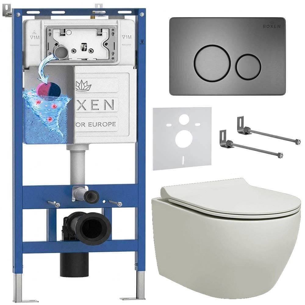 Комплект инсталляции Roxen StounFix Dual Fresh с креплениями, металлической кнопкой Steel и унитазом Pestan Fluenta