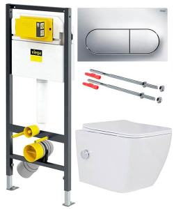 Комплект инсталляции Viega Prevista Dry WC 771973 с кнопкой Visign for Life 6 773748 и унитазом Roxen Cube Bidet 530135-01X Rimless Soft Close с функцией биде