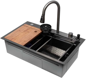 Кухонная мойка Arfeka Eco AR 75 Black PVD Nano / Nano Decor со смесителем, ринзером, двумя коландерами, разделочной доской и дозатором
