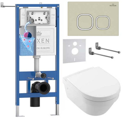 Комплект инсталляции Roxen StounFix Dual Fresh с удлиненными креплениями, аромадозатором, бежевой кнопкой смыва и унитазом Villeroy&Boch Architectura 4694HR01