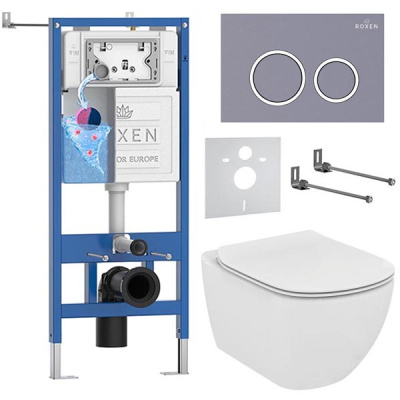Комплект инсталляции Roxen StounFix Dual Fresh с удлиненными креплениями, аромадозатором, кнопкой смыва в цвете серый бетон и унитазом Ideal Standard Tesi Aquablade T007901