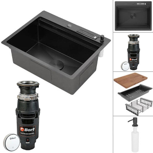Кухонная мойка Roxen Stage 560250-60B PVD (оружейная сталь) в комплекте с аксессуарами и измельчителем Bort Master Eco Control 93417999