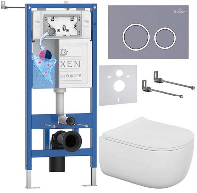 Комплект инсталляции Roxen StounFix Dual Fresh с удлиненными креплениями, аромадозатором, кнопкой смыва в цвете серый бетон и унитазом Bocchi V-Tondo Compacto Rimless