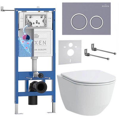 Комплект инсталляции Roxen StounFix Dual Fresh с удлиненными креплениями, аромадозатором, кнопкой смыва в цвете серый бетон и унитазом Laufen Pro Rimless