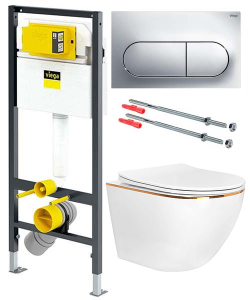 Комплект инсталляции Viega Prevista Dry WC 771973 с кнопкой Visign for Life 6 773748 и унитазом Roxen Antares Gold 530110-01G Rimless Soft Close