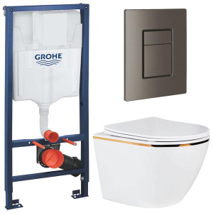 Комплект инсталляции Grohe Rapid SL 38772001 с брашированной кнопкой и подвесным унитазом Roxen Antares Gold 530110-01G