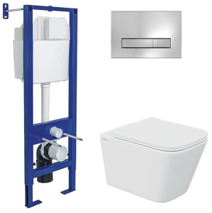 Комплект инсталляции Berges Atom Line 410 c кнопкой хром, унитазом Floe S Rimless и сиденьем Floe S Slim SO