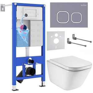 Комплект инсталляции Roxen StounFix Dual Fresh с удлиненными креплениями, аромадозатором, кнопкой в цвете серый бетон и унитазом Roca The Gap Clean Rim