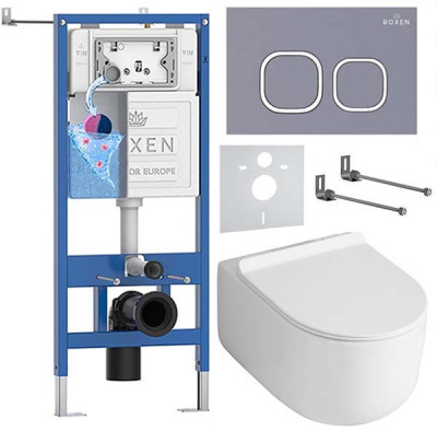 Комплект инсталляции Roxen StounFix Dual Fresh с удлиненными креплениями, аромадозатором, кнопкой в цвете серый бетон и унитазом Asten Readle Stella Tornado AR1065