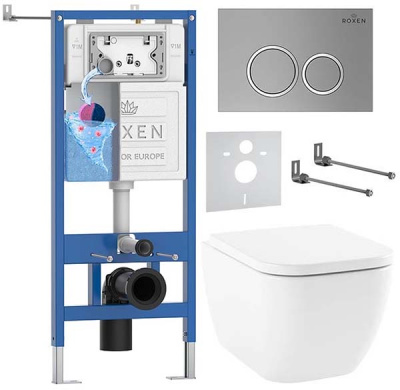 Комплект инсталляции Roxen StounFix Dual Fresh с удлиненными креплениями, аромадозатором, кнопкой смыва Santi 410260 и унитазом Lavinia Boho One Rimless 3302004R