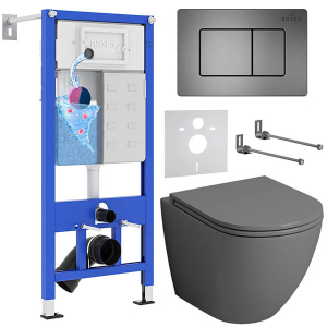 Комплект инсталляции Roxen StounFix Dual Fresh с удлиненными креплениями, аромадозатором, металлической кнопкой Steel и унитазом Grossman GR-4455GМS