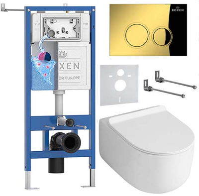 Комплект инсталляции Roxen StounFix Dual Fresh с удлиненными креплениями, кнопкой смыва в цвете золото и унитазом Asten Readle Stella Tornado AR1065