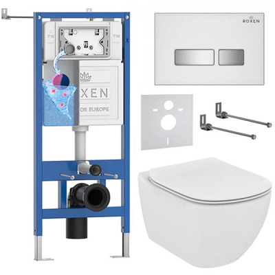 Комплект инсталляции Roxen StounFix Dual Fresh с удлиненными креплениями, аромадозатором, кнопкой смыва Glass 430280 и унитазом Ideal Standard Tesi Aquablade T007901