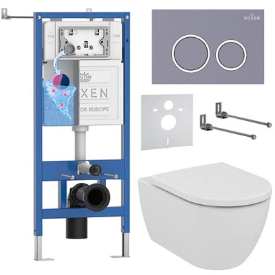 Комплект инсталляции Roxen StounFix Dual Fresh с удлиненными креплениями, аромадозатором, кнопкой смыва в цвете серый бетон и унитазом Ideal Standard Ellisse T569201