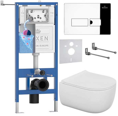 Комплект инсталляции Roxen StounFix Dual Fresh с удлиненными креплениями, аромадозатором, кнопкой смыва Caspia 410280 и унитазом Bocchi V-Tondo Compacto Rimless