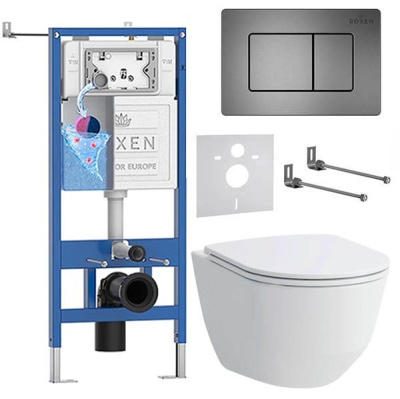 Комплект инсталляции Roxen StounFix Dual Fresh с удлиненными креплениями, аромадозатором, металлической кнопкой Steel и унитазом Laufen Pro Rimless