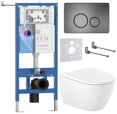Комплект инсталляции Roxen StounFix Dual Fresh с креплениями, металлической кнопкой Steel и унитазом Roca Ona Rimless с крышкой Supralit Soft Close