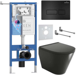 Комплект инсталляции Roxen StounFix Dual Fresh с удлиненными креплениями, аромадозатором, черной кнопкой смыва и унитазом Grossman GR-4477BMS, прямоугольные клавиши, Caspia 410280B