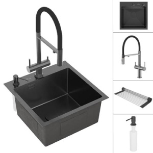 Кухонная мойка Roxen Simple 45 PVD (графит) с ролл-матом, дозатором и смесителем Rose R458T, 45х45/графит