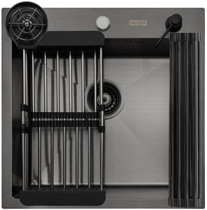 Кухонная мойка Arfeka Eco AR 50 Black с коландером, дозатором, роллер-матом и ринзером