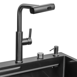 Кухонная мойка Arfeka Eco AR 68 T Black PVD Nano /  Nano Decor со смесителем, ринзером, двумя коландерами, разделочной доской и дозатором, 68х46, черный Nano