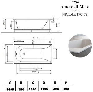 Акриловая ванна Amore di mare Nicole, 170х75