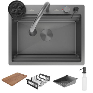 Кухонная мойка Roxen Stage Plus 560250-60B PVD (оружейная сталь) многофункциональная в комплекте с измельчителем Bort Titan Max Power 93410266 (Full Control)