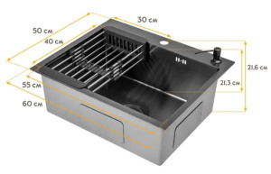 Кухонная мойка Axus LS-6050BM с коландером, дозатором и держателем для губки