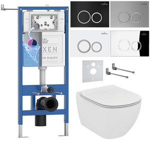 Комплект инсталляции Roxen StounFix Dual Fresh с удлиненными креплениями, аромадозатором, кнопкой смыва Santi 410260 и унитазом Ideal Standard Tesi Aquablade T007901, хром глянец