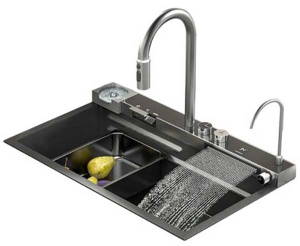 Кухонная мойка Arfeka Sensor Eco AR 75 Black Nano со смесителем, ринзером, двумя коландерами и разделочной доской