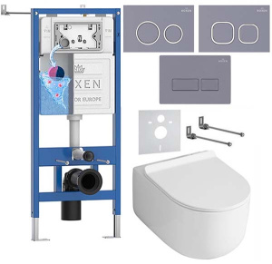Комплект инсталляции Roxen StounFix Dual Fresh с удлиненными креплениями, аромадозатором, кнопкой в цвете серый бетон и унитазом Asten Readle Stella Tornado AR1065, клавиши мягкий квадрат